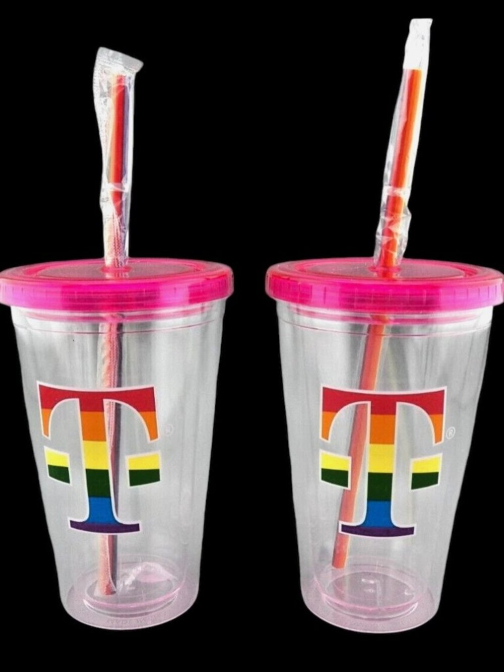 T-Mobile Gay Pride Rainbow LGBTQ Tumbler Lid Straw 2pc LOT Resusable Cups